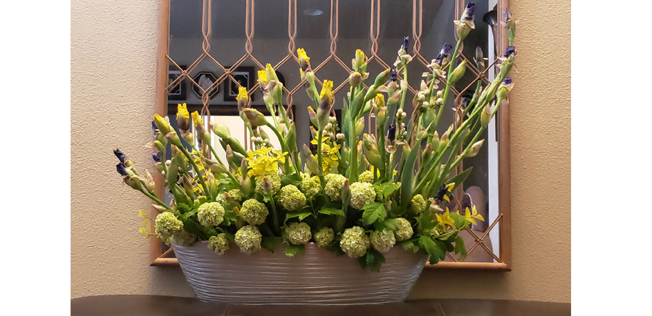 White Lilies, White Roses, White Spider Mums, White Alstroemeria, Green Scabiosa Pods, Ivy Vines, Baby’s Breath (Gypsophila), Bear Grass (Xerophyllum tenax) & White Stock (Matthiola incana)